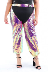 Iridescent plus size metallic pants with black top and heels