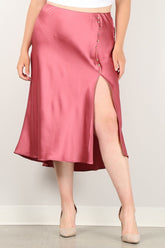Pink satin midi skirt with side slit and button detail for plus size women