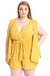 Yellow plus size romper with wrap front and tie waist for women