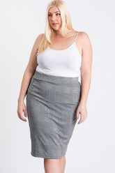 Plus size woman wearing gray plaid pencil skirt and white tank top