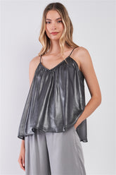 Silver Black Soft V-neck Sleeveless Gathered Loose Fit Top