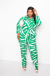 Green and white zebra print plus size jumpsuit with tie waist