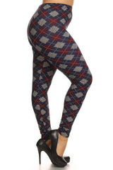 Plus Size Plaid Graphic Printed Knit Legging With Elastic Waist Detail