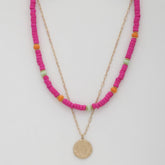 Coin Wood Bead Layered Necklace