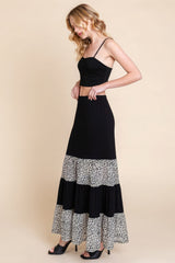 Long Tiered Contrast Fashion Skirt With Velvet Animal Print Mesh