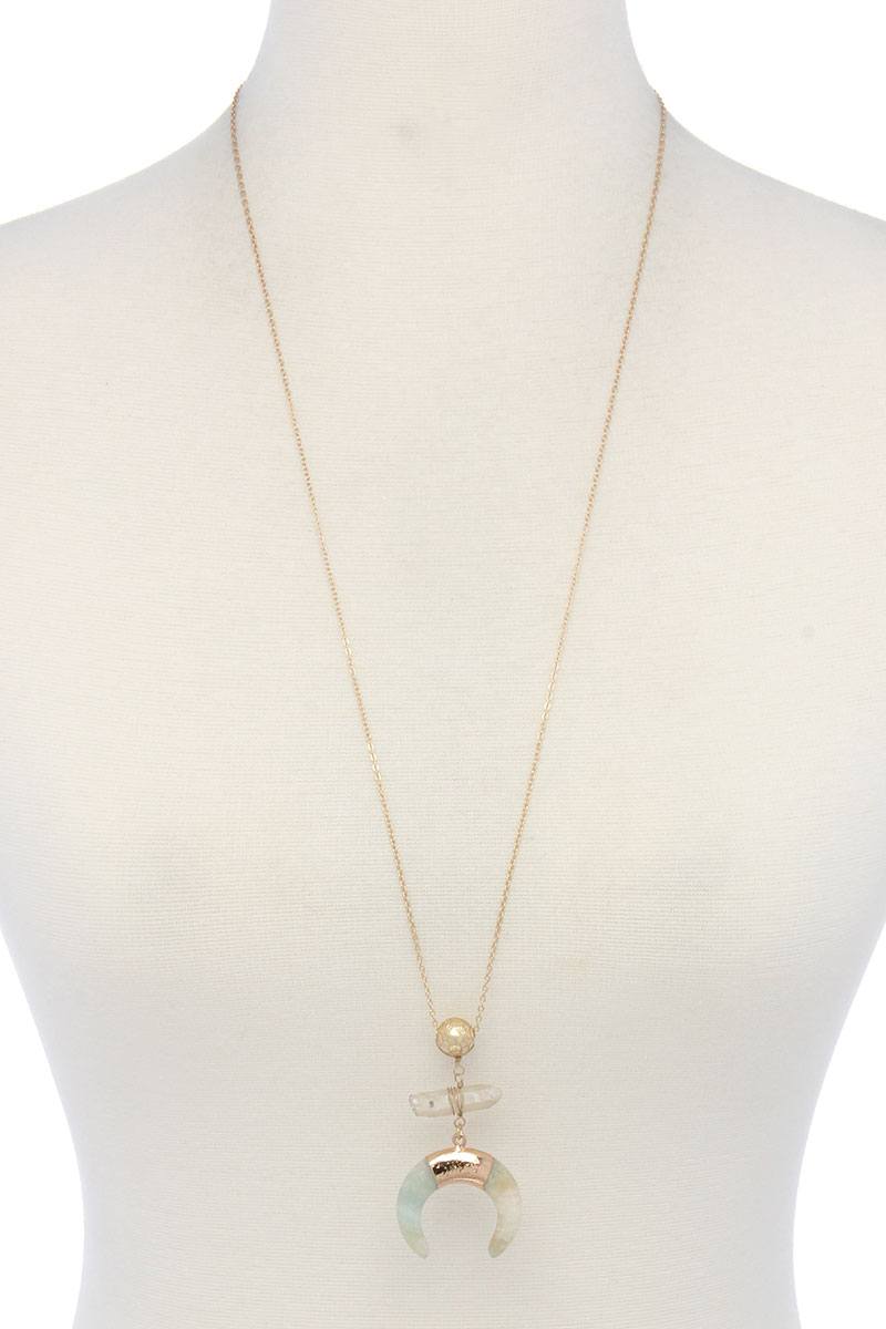 Double horn natural stone pendant necklace