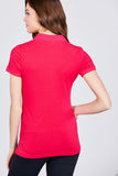 Bright pink plus size polo shirt with short sleeves, shown from back view on model