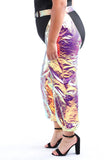 Iridescent holographic plus size pants with black heels