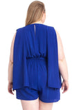 Blue plus size romper with cape sleeves and back slit, stylish women's outfit