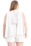 White plus size sleeveless romper with back slit and flowing drape detail