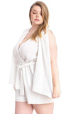 White plus size romper with wrap front and tie waist, stylish and comfortable for women
