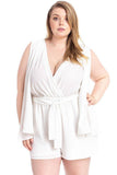 White plus size romper with wrap front and tie waist, stylish summer outfit for women