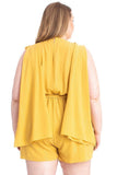 Plus size yellow sleeveless romper with back drape detail for women