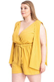 Yellow plus size romper with cape sleeves and tie waist