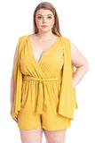Yellow plus size romper with wrap front and tie waist for women
