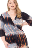 Plus size tie-dye wrap dress with V-neck and 3/4 sleeves