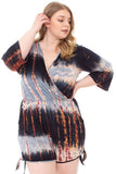 Plus size tie dye wrap romper with short sleeves and side ties, stylish women's fashion