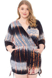Plus size tie dye romper with wrap front and side ties, stylish women's outfit