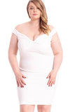 White off-shoulder plus size dress with sweetheart neckline and ruched detail