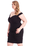 Plus size woman in black off-shoulder glitter dress, stylish and elegant for evening wear