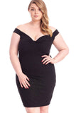 Black off-shoulder plus size dress with glittery texture and sweetheart neckline