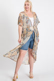 Plus size woman in paisley kimono over denim shorts and heels