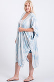Plus size woman in blue and white tie dye kimono cover-up, stylish summer outfit