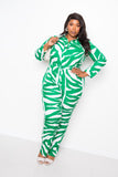 Green and white zebra print plus size jumpsuit with long sleeves and belt