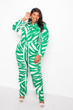 Green and white zebra print plus size jumpsuit with long sleeves and tie waist