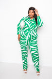 Green and white zebra print plus size jumpsuit with tie waist